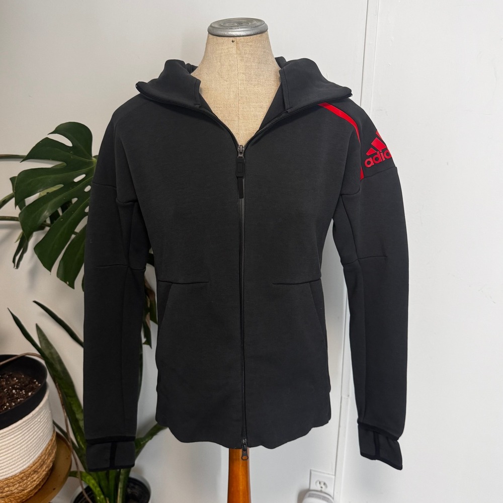 Adidas ZNE Full Zip Hoodie Mens Small Black Red Stripe Athletic Sportswear